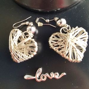 Silvertone wire wrapped dangle heart earrings and love pendant